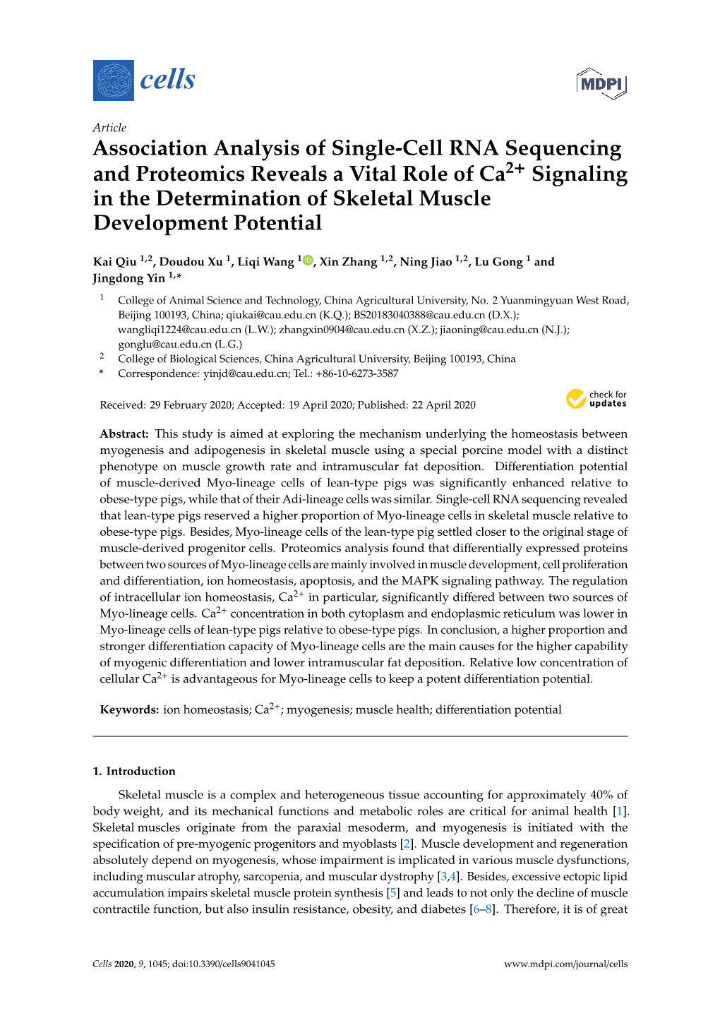 Association Analysis of Single-Cell RNA Sequencing and Proteomics Reveals a Vital Role of Ca2+ Signaling in the Determination of Skeletal Muscle Development Potential