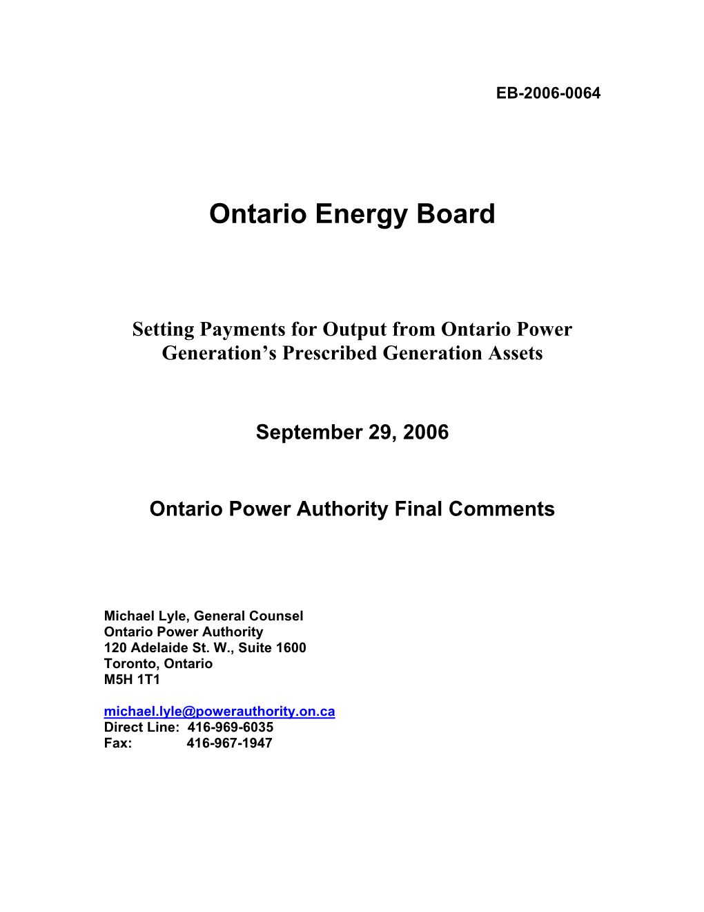 Ontario Power Authority Final Comments