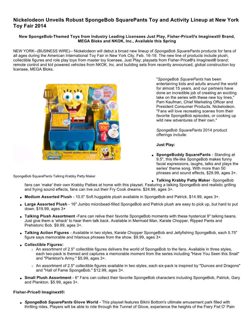 Nickelodeon Unveils Robust Spongebob Squarepants Toy and Activity Lineup at New York Toy Fair 2014