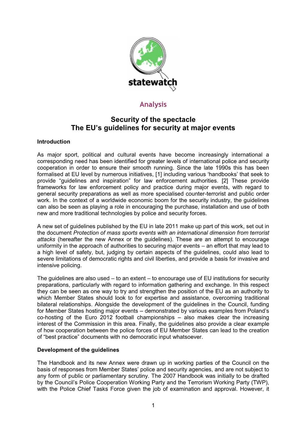 Security of the Spectacle: the EU's Guidelines for Security at Major Events