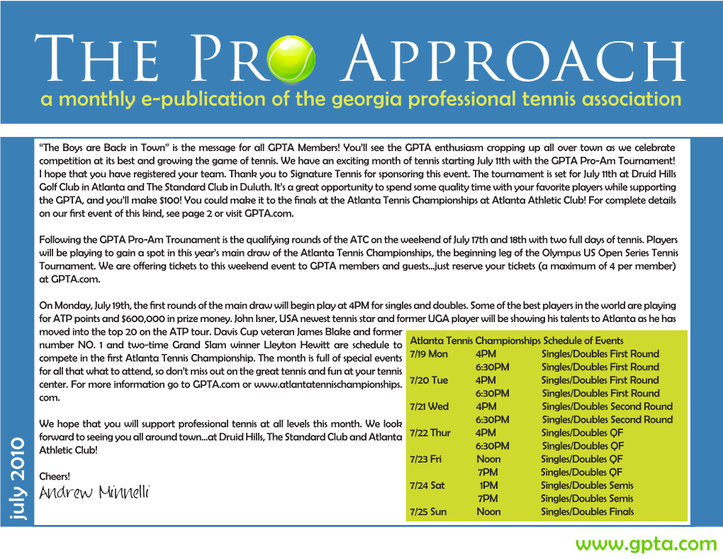 The Pro Approach a Monthly E-Publication of the Georgia Professional Tennis Association
