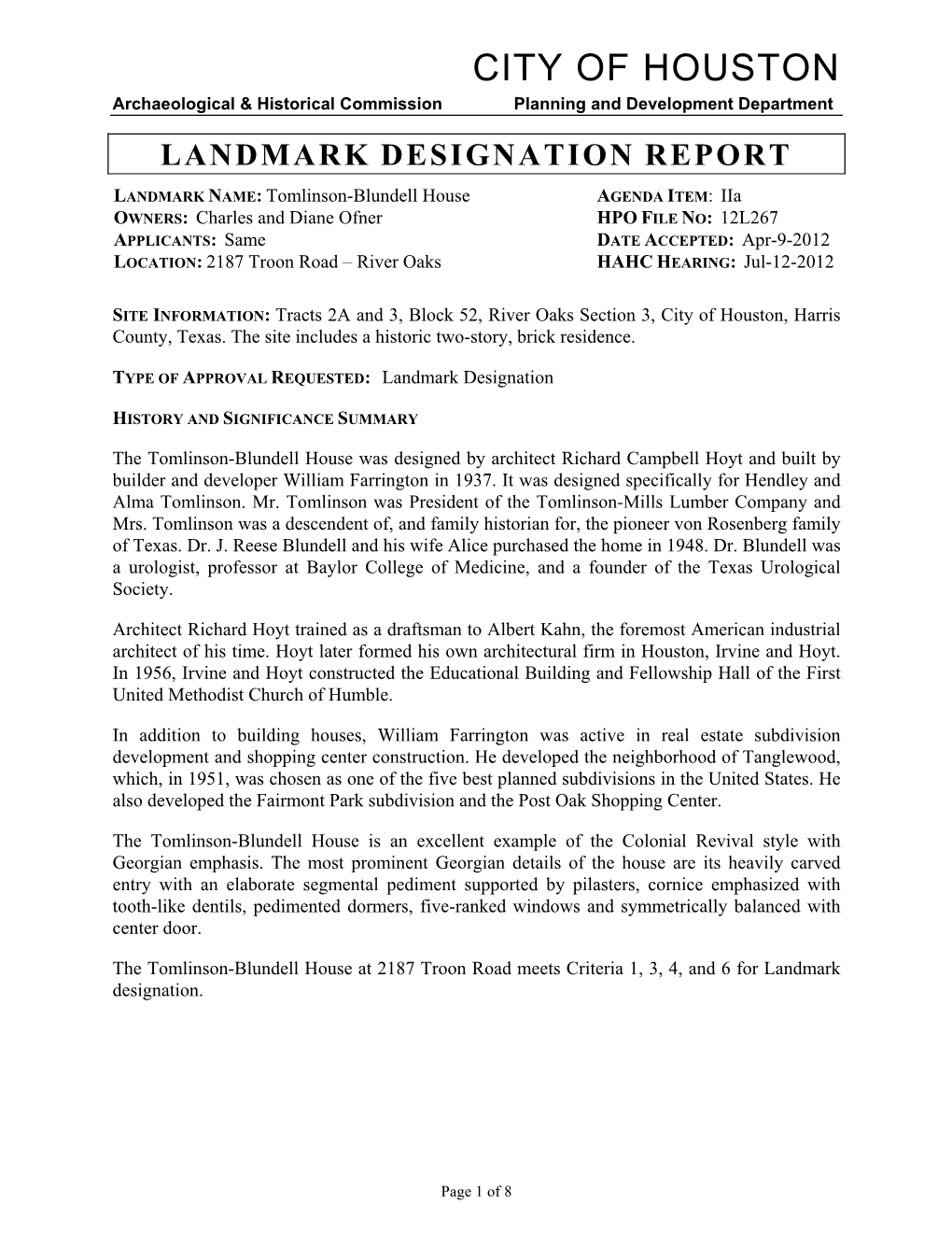 Landmark Designation Report