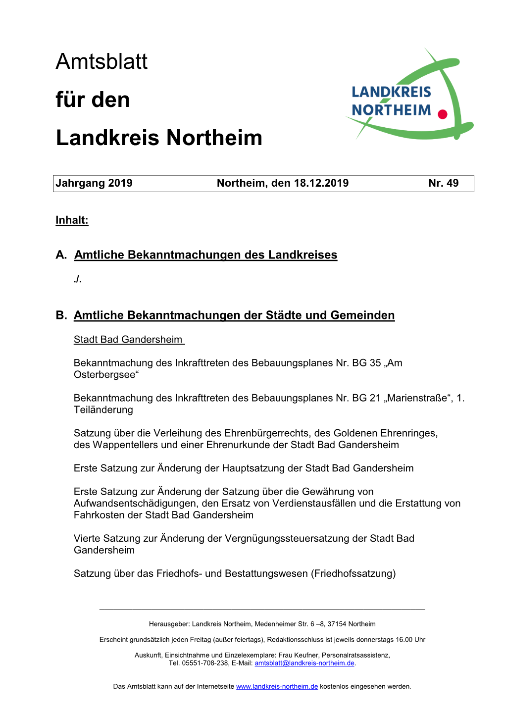 Amtsblatt Für Den Landkreis Northeim