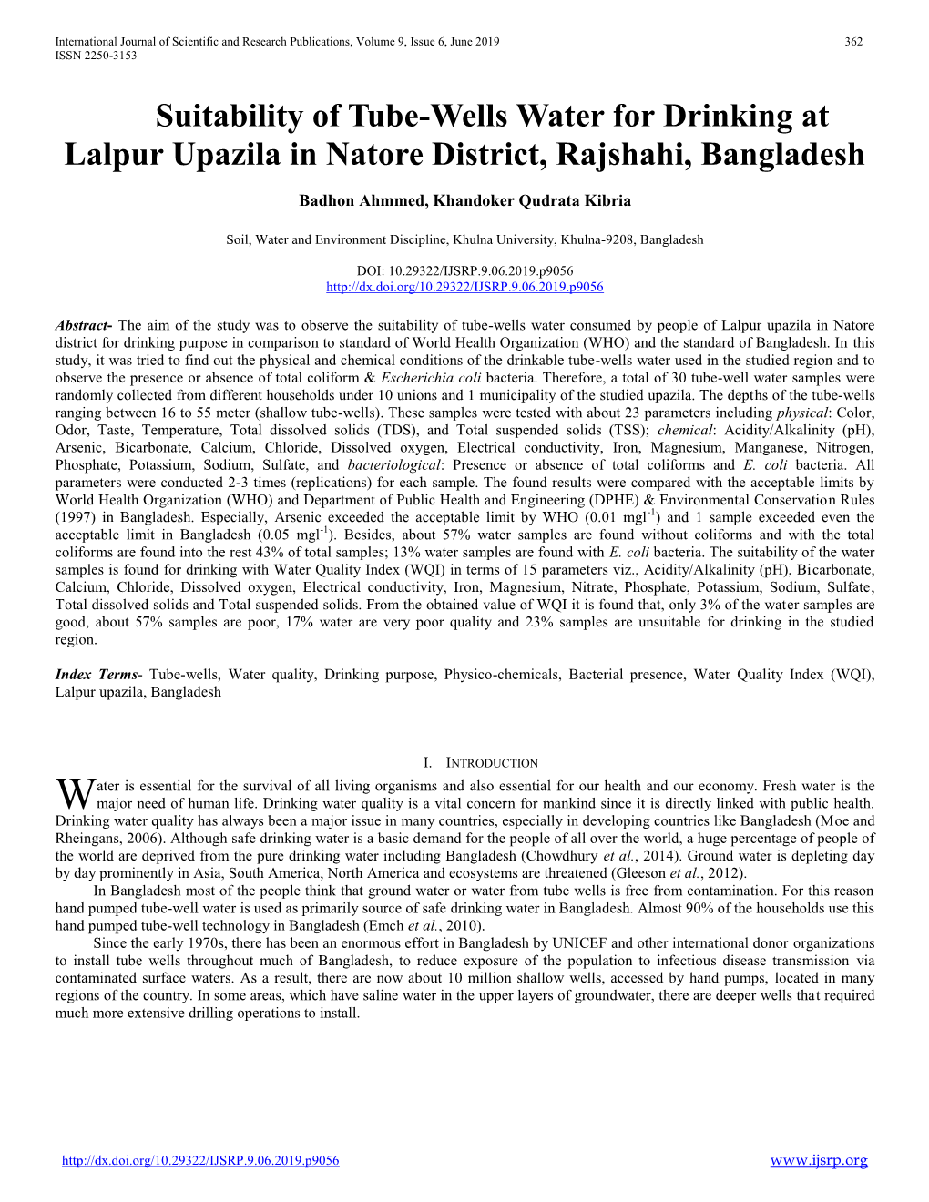 Suitability of Tube-Wells Water for Drinking at Lalpur Upazila in Natore District, Rajshahi, Bangladesh