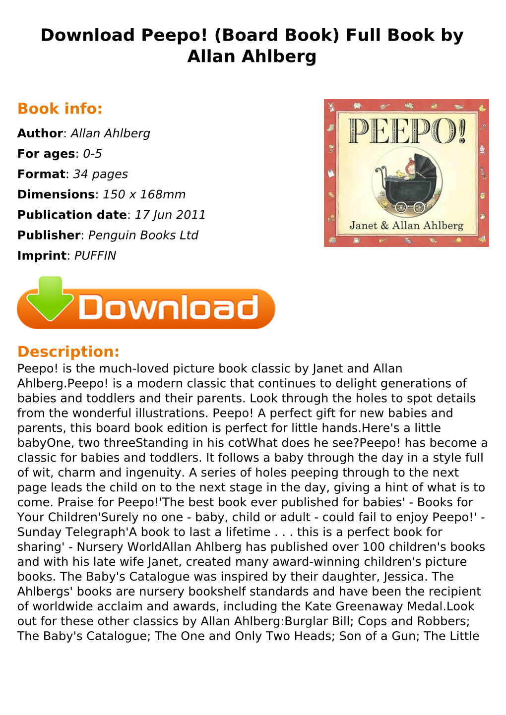 Download Peepo! (Board Book) Full Book by Allan Ahlberg