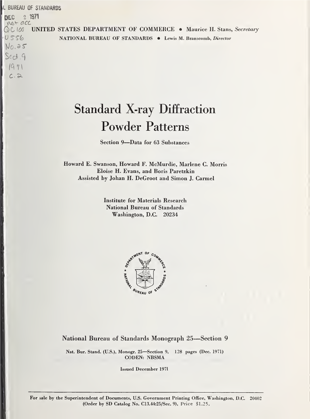 Standard X-Ray Diffraction Powder Patterns: Section 9