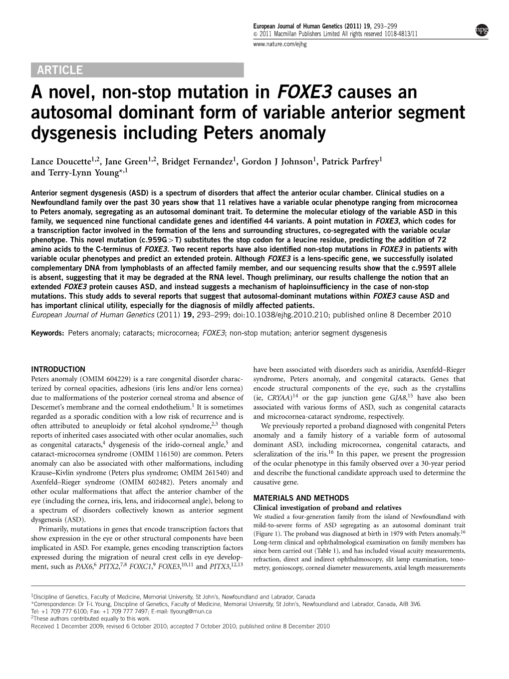 A Novel, Non-Stop Mutation in FOXE3 Causes an Autosomal Dominant Form of Variable Anterior Segment Dysgenesis Including Peters Anomaly