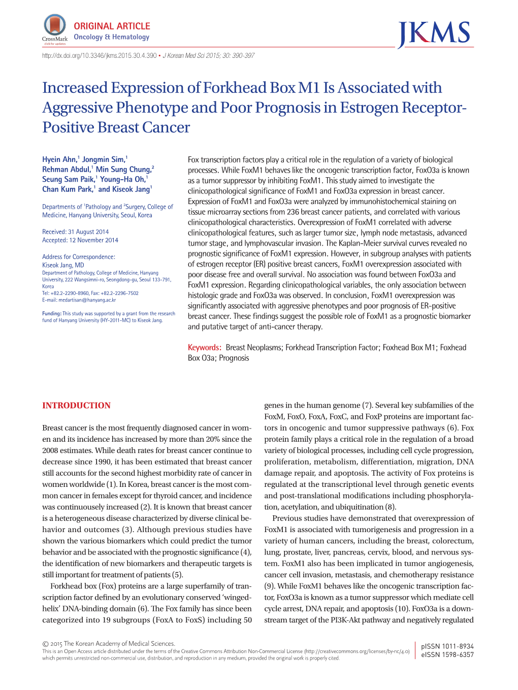 Increased Expression of Forkhead Box M1 Is Associated with Aggressive Phenotype and Poor Prognosis in Estrogen Receptor- Positive Breast Cancer