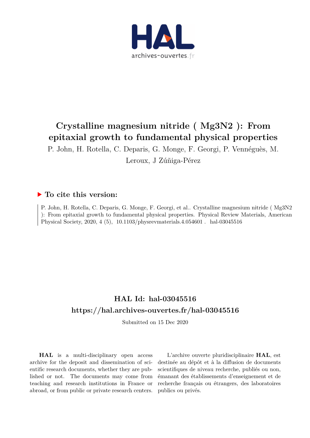 Crystalline Magnesium Nitride ( Mg3n2 ): from Epitaxial Growth to Fundamental Physical Properties P