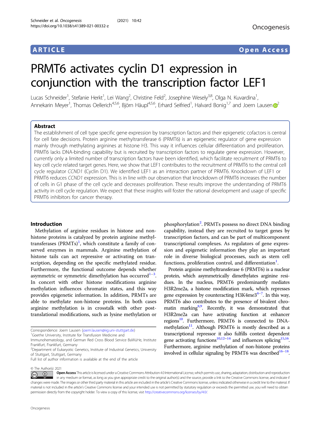 PRMT6 Activates Cyclin D1 Expression in Conjunction with the Transcription Factor LEF1