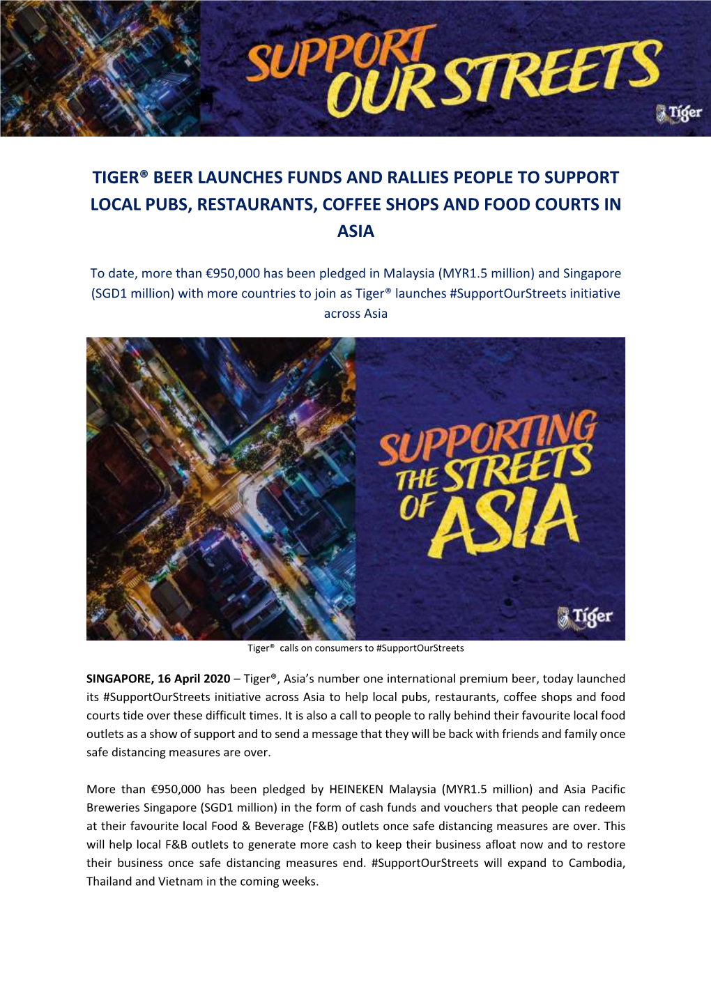 Tiger® Beer Launches Funds and Rallies People to Support Local Pubs, Restaurants, Coffee Shops and Food Courts in Asia