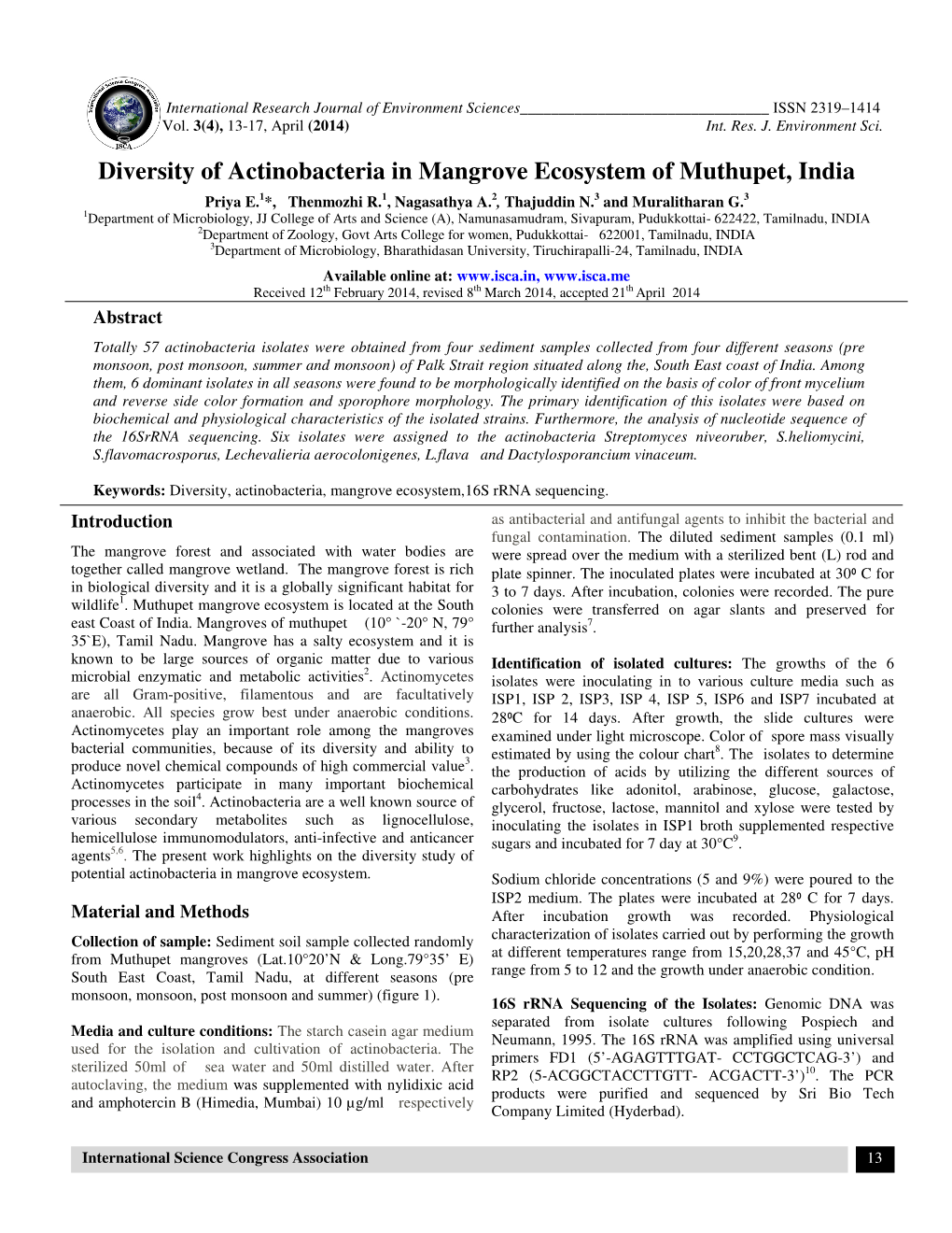 Diversity of Actinobacteria in Mangrove Ecosystem of Muthupet, India Priya E