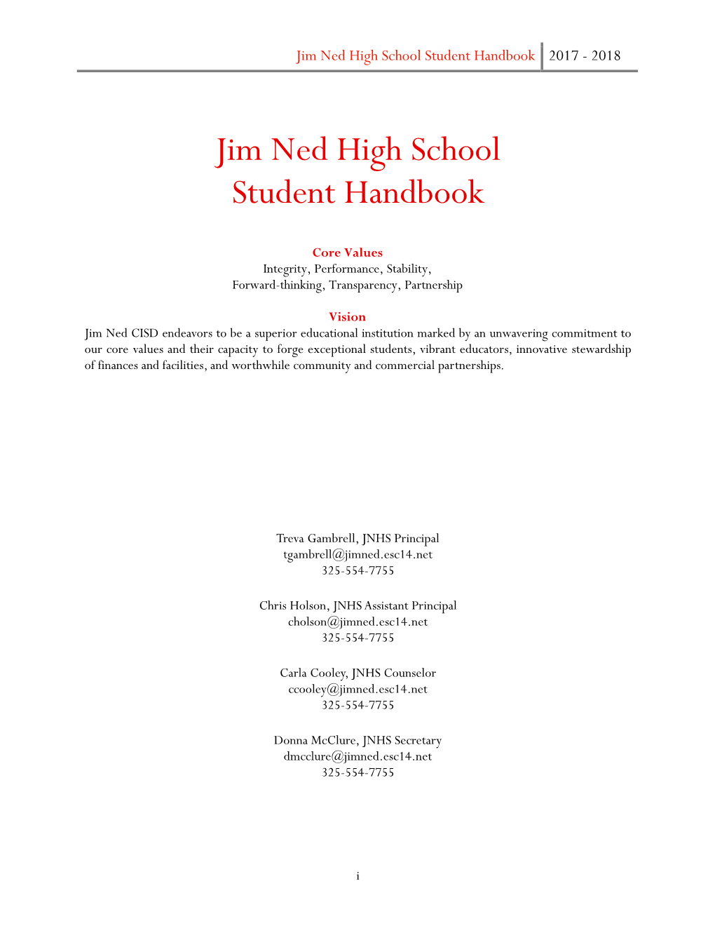 Jim Ned High School Student Handbook 2017 - 2018