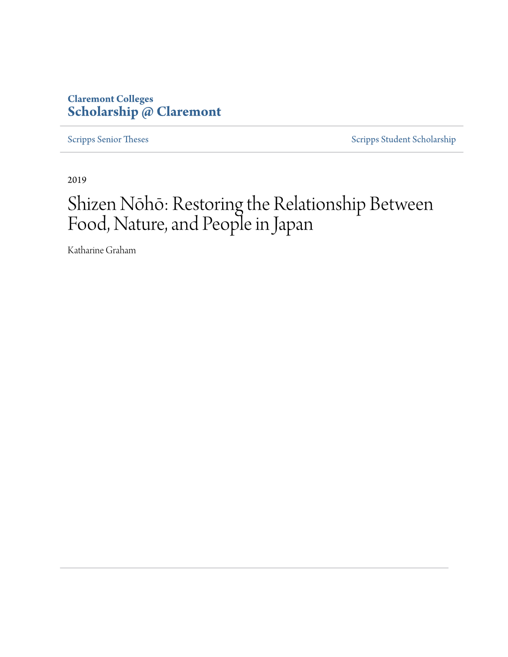 Shizen Nōhō: Restoring the Relationship Between Food, Nature, and People in Japan Katharine Graham