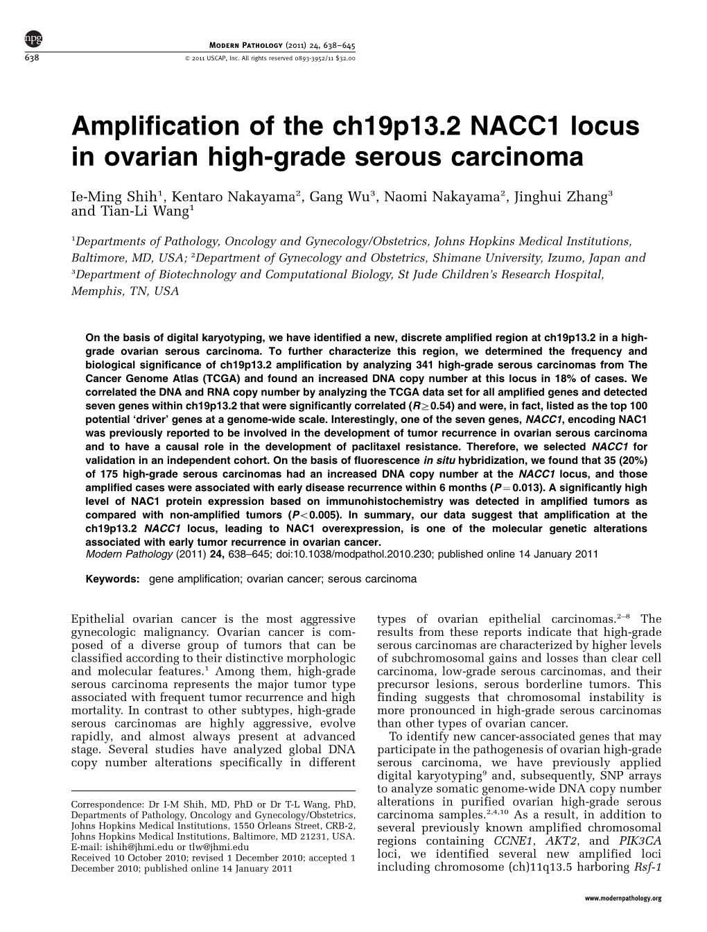 Amplification of the Ch19p13.2 NACC1 Locus in Ovarian High-Grade Serous Carcinoma