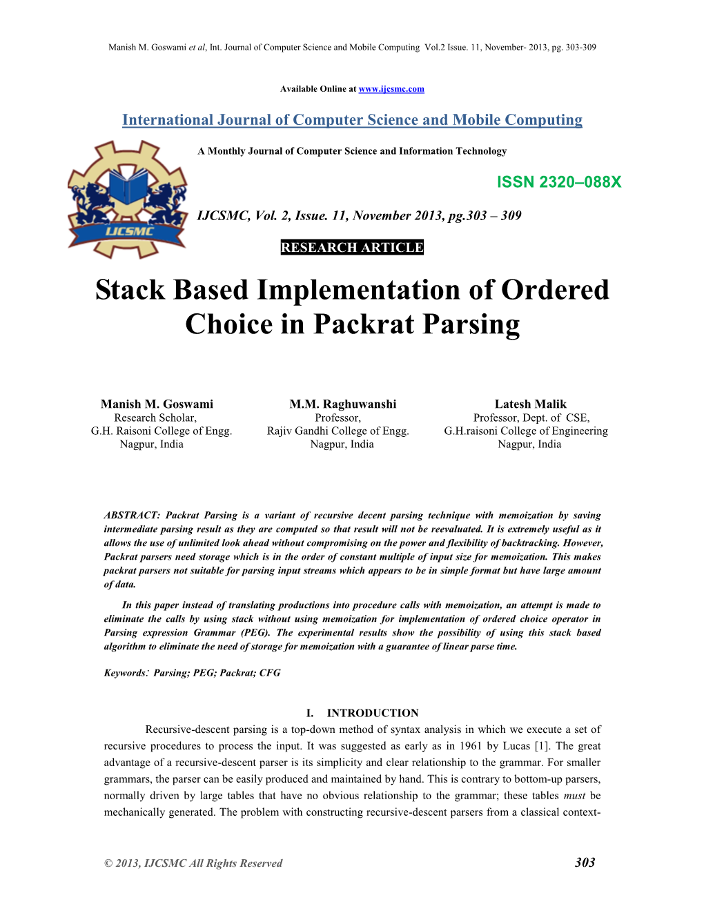 Stack Based Implementation of Ordered Choice in Packrat Parsing