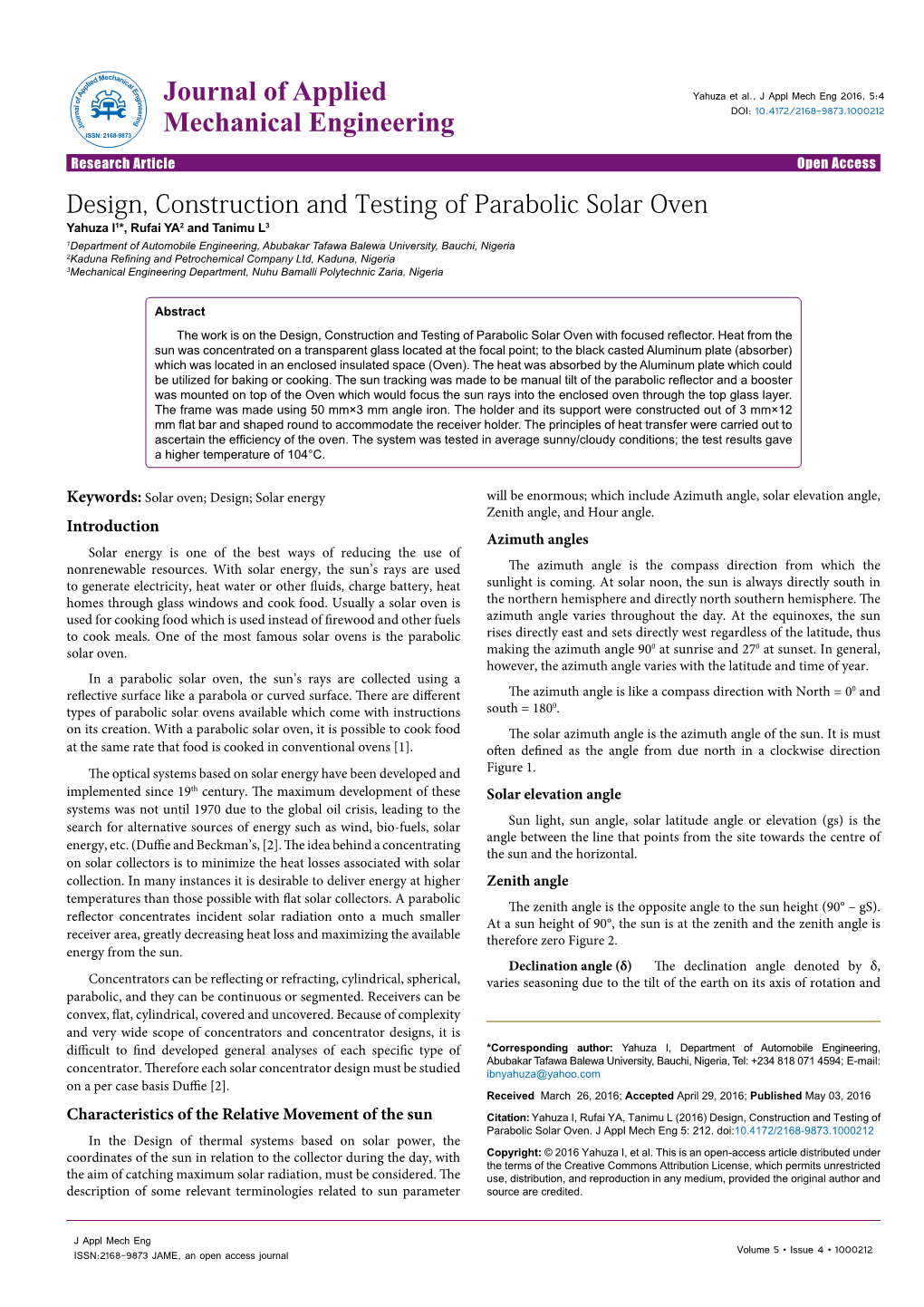 Design, Construction and Testing of Parabolic Solar Oven