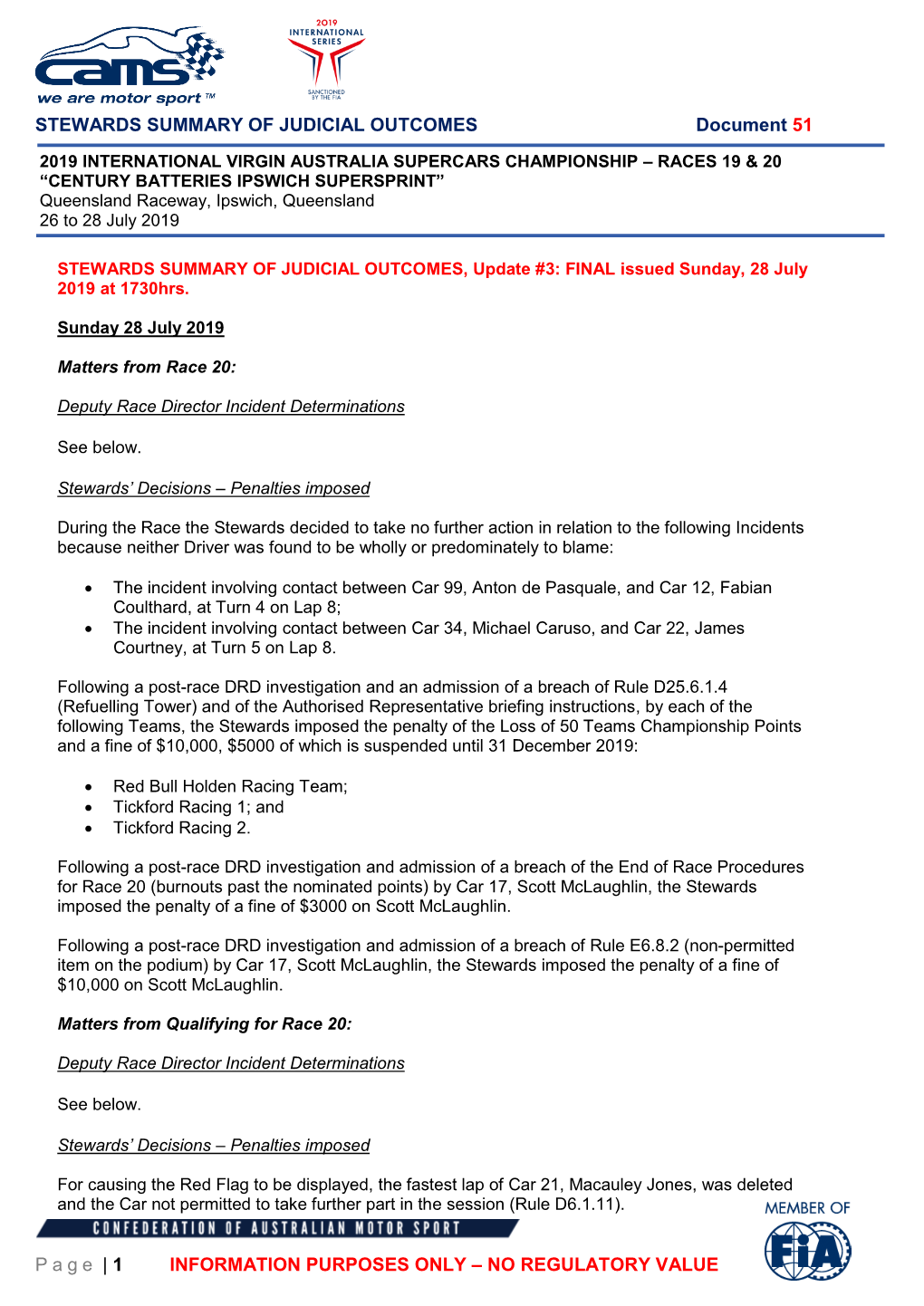 STEWARDS SUMMARY of JUDICIAL OUTCOMES Document 51