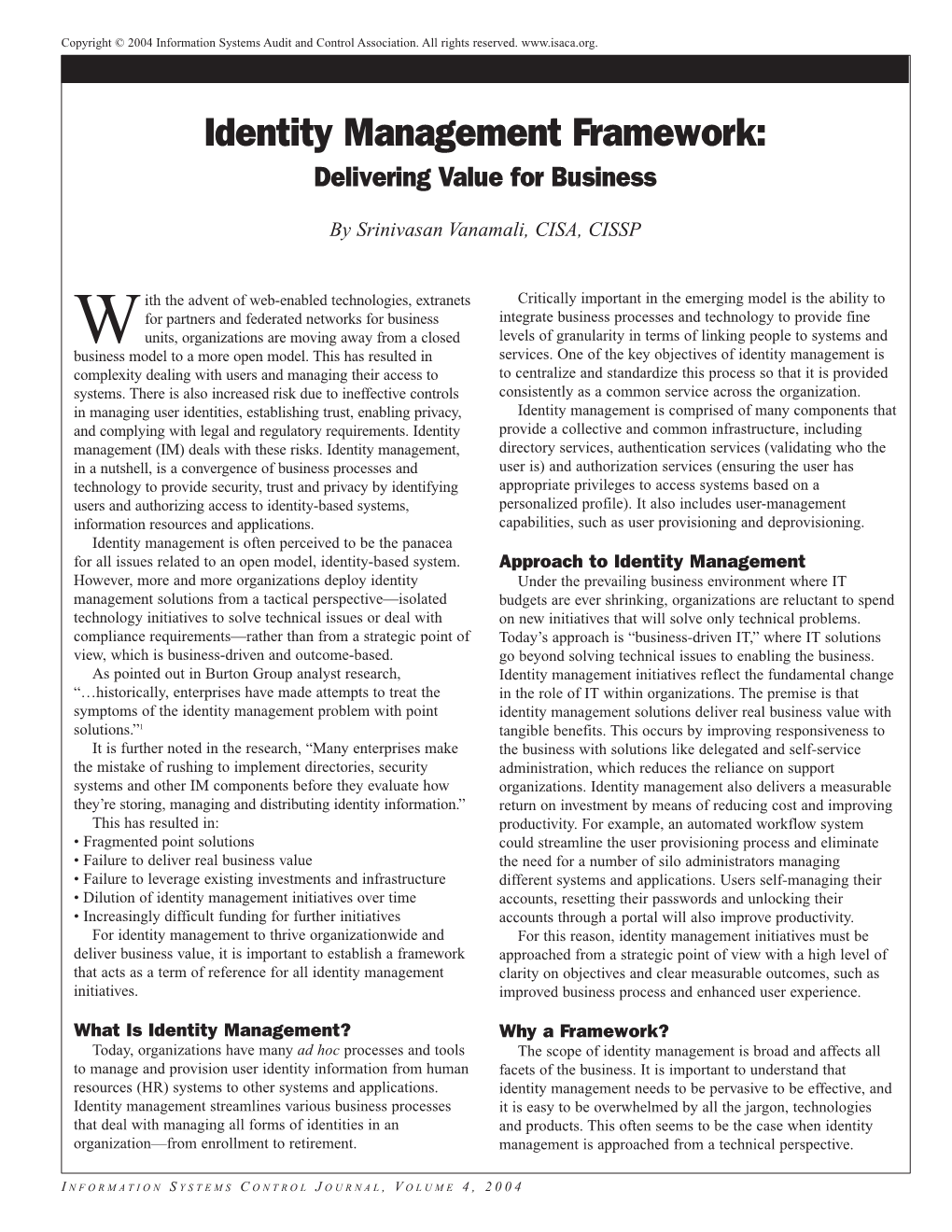 Identity Management Framework: Delivering Value for Business