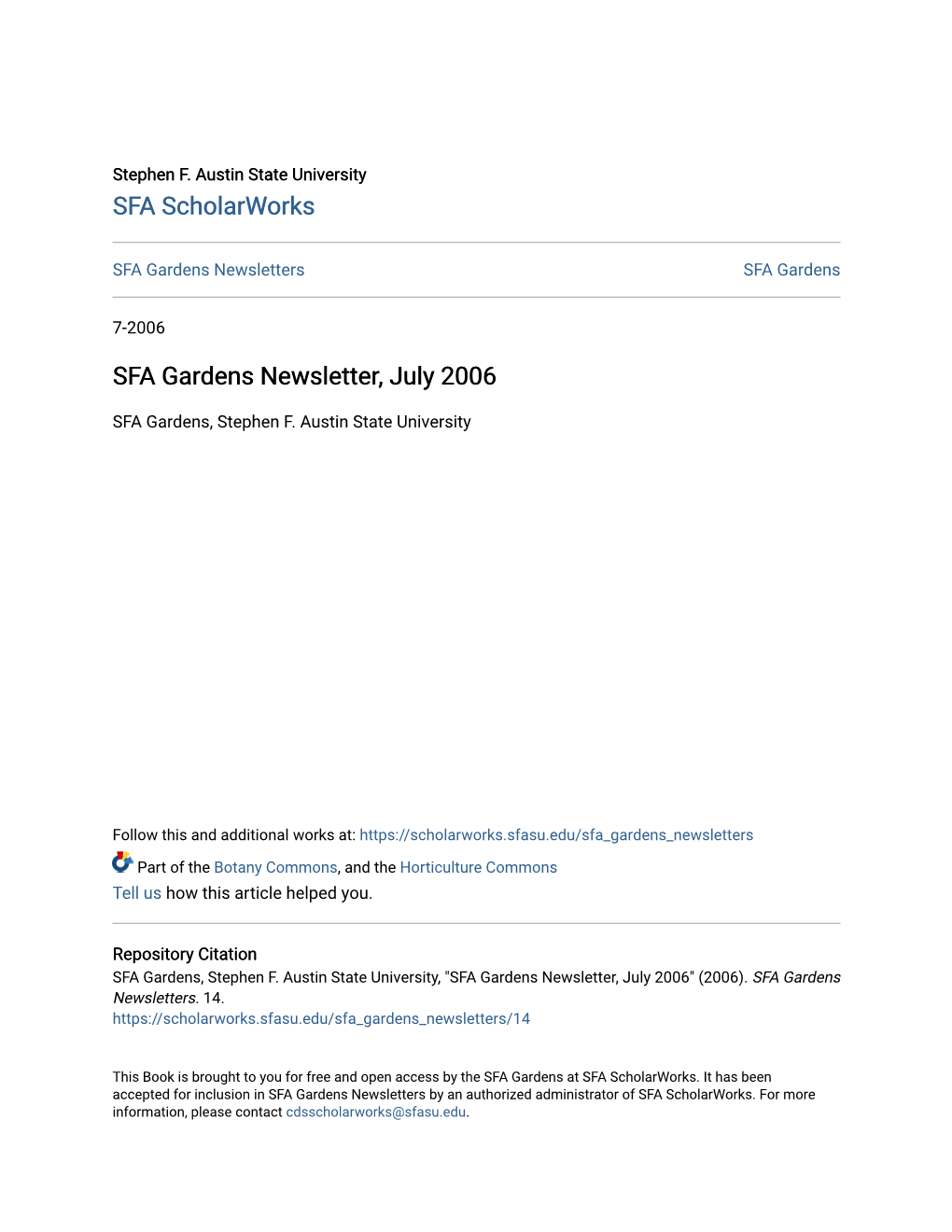 SFA Gardens Newsletter, July 2006