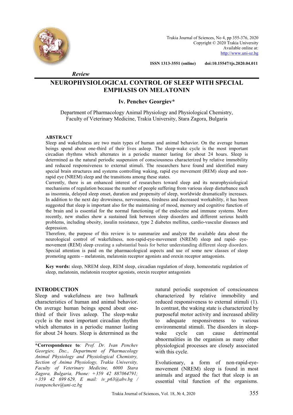 Neurophysiological Control of Sleep with Special Emphasis on Melatonin