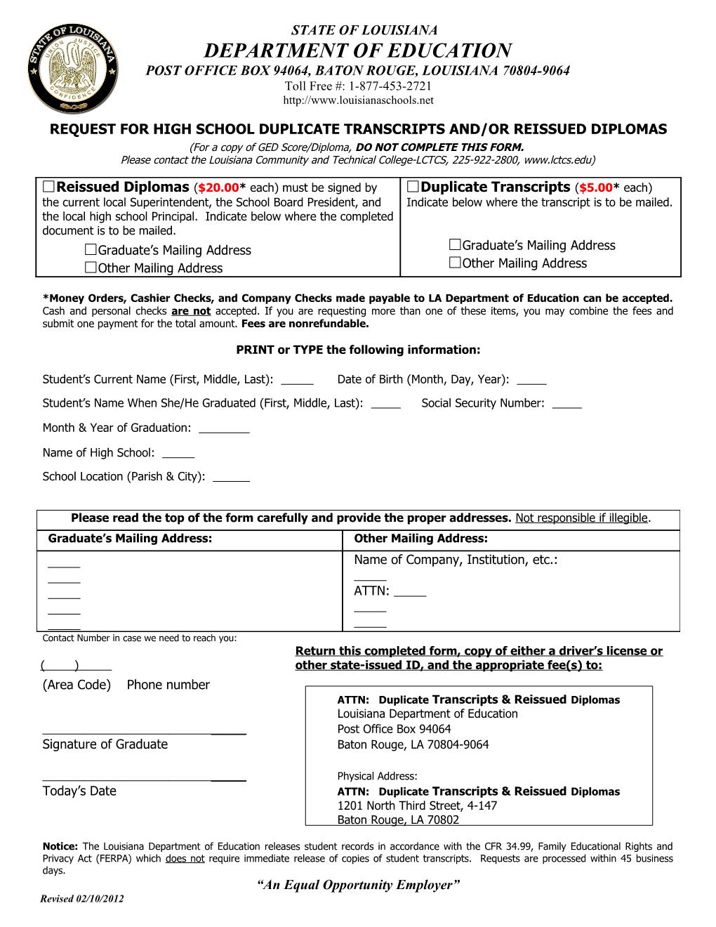 Request for High School Duplicate Transcripts And/Or Reissued Diplomas