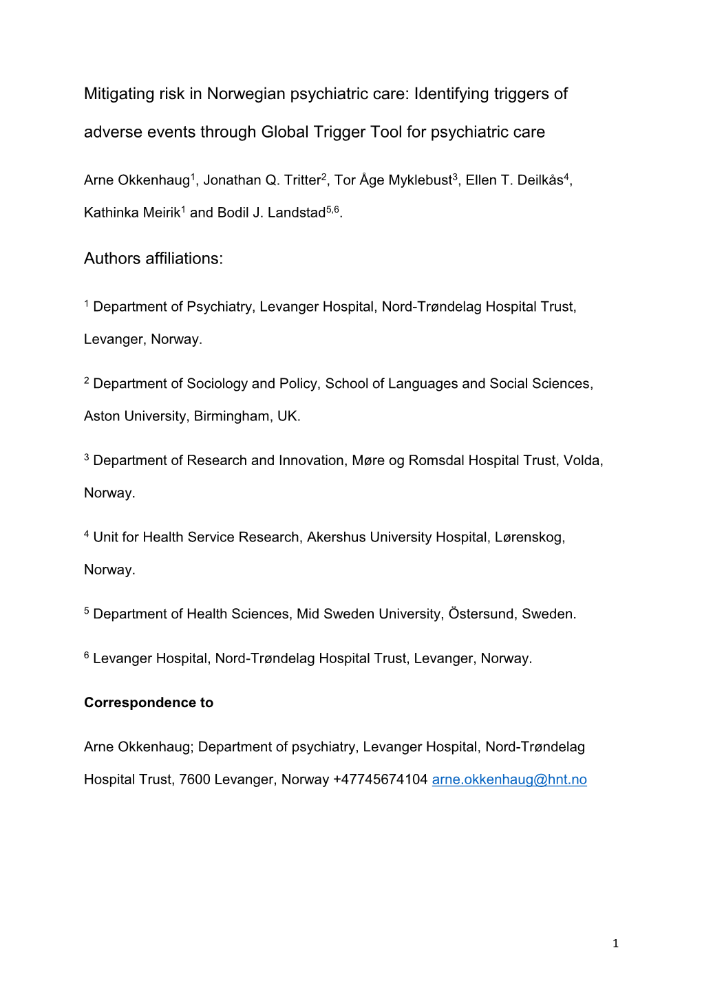 Mitigating Risk in Norwegian Psychiatric Care: Identifying Triggers of Adverse Events Through Global Trigger Tool for Psychiatric Care