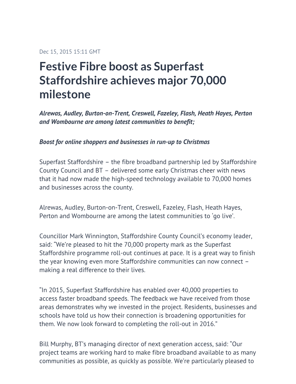 Festive Fibre Boost As Superfast Staffordshire Achieves Major 70,000 Milestone