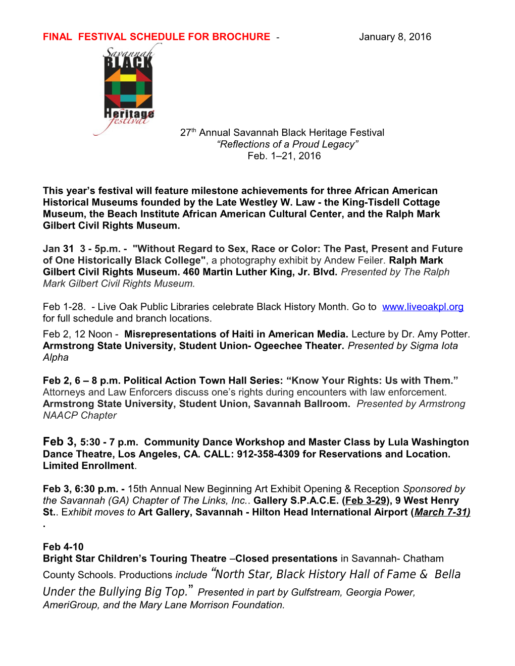 FINAL FESTIVAL SCHEDULE for BROCHURE - January 8, 2016