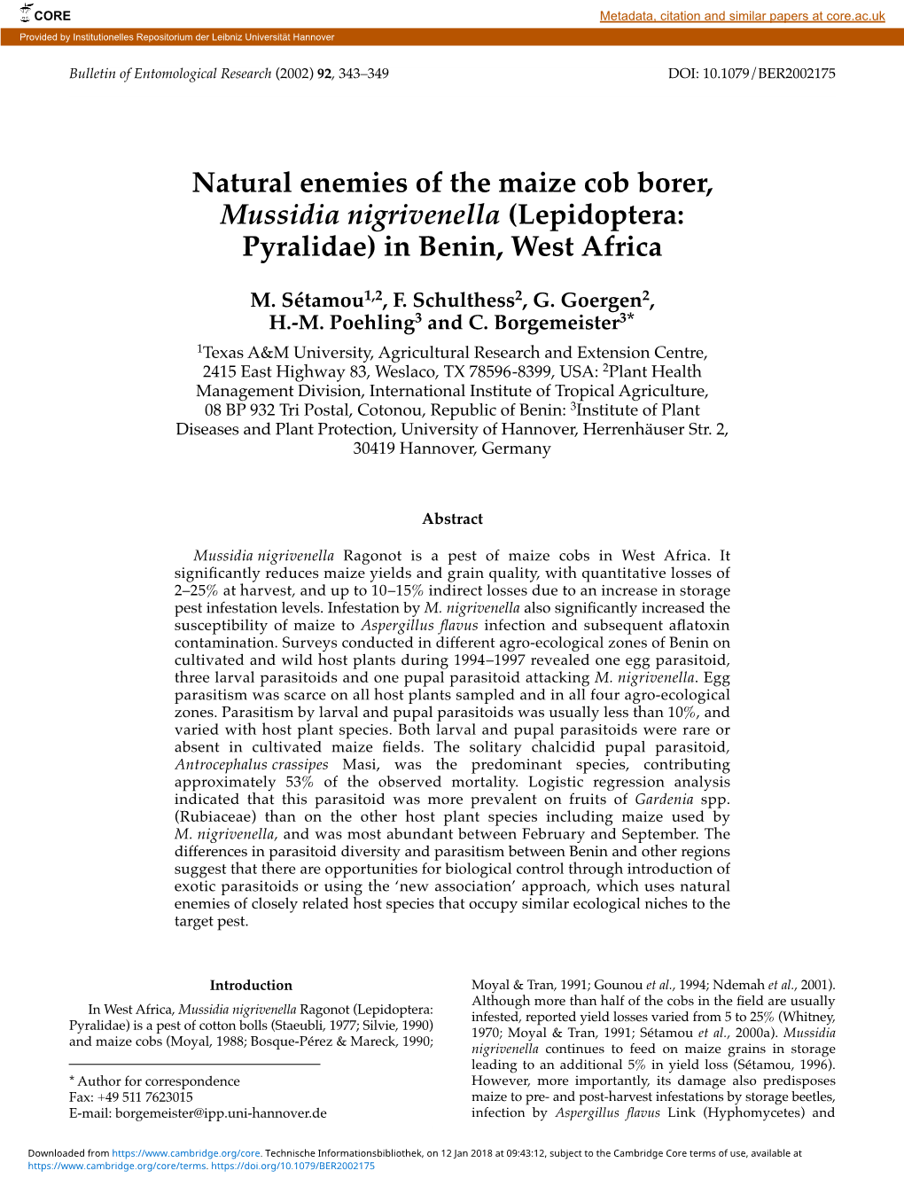 Natural Enemies of the Maize Cob Borer, Mussidia Nigrivenella (Lepidoptera: Pyralidae) in Benin, West Africa