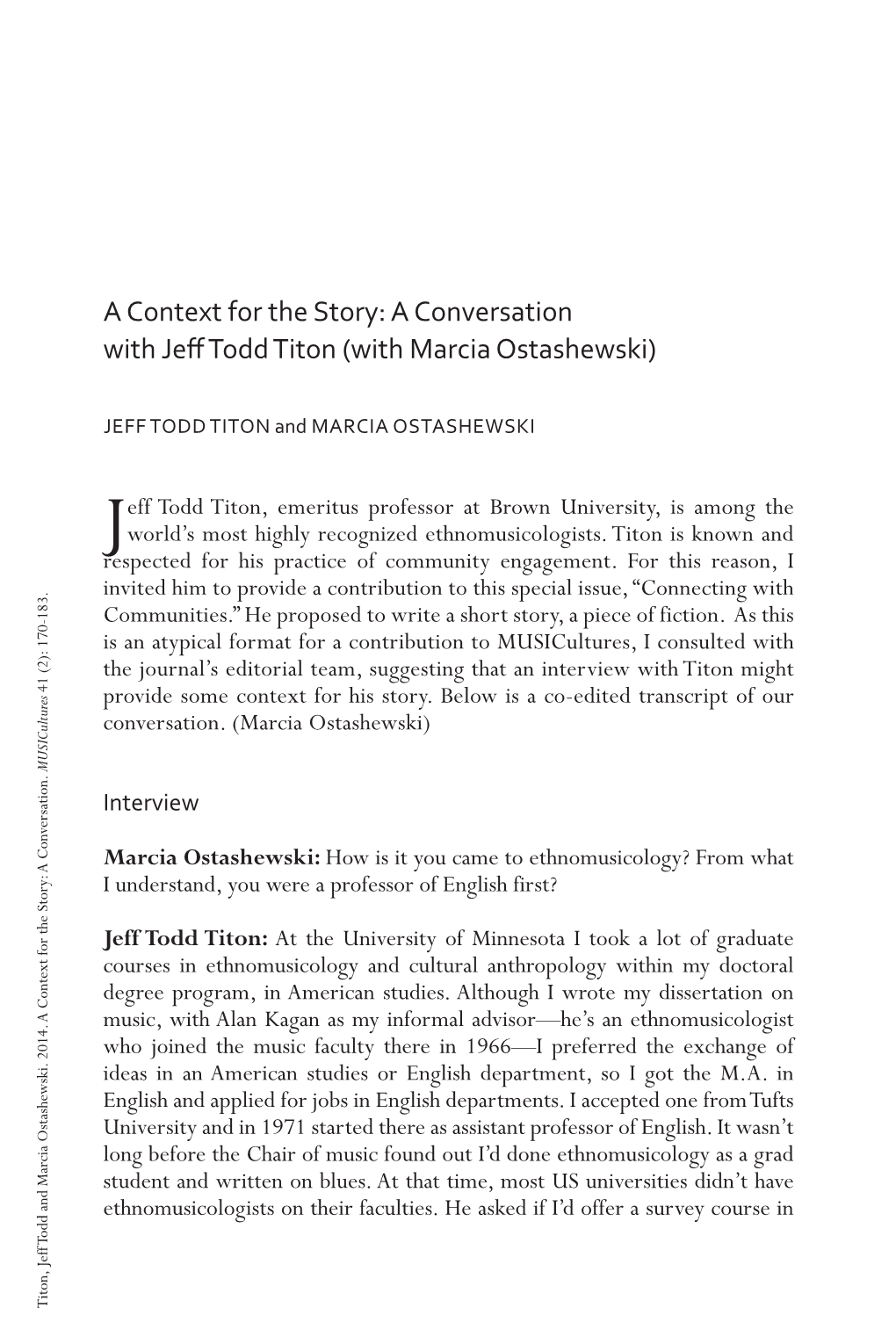 A Context for the Story: a Conversation with Jeff Todd Titon (With Marcia Ostashewski)