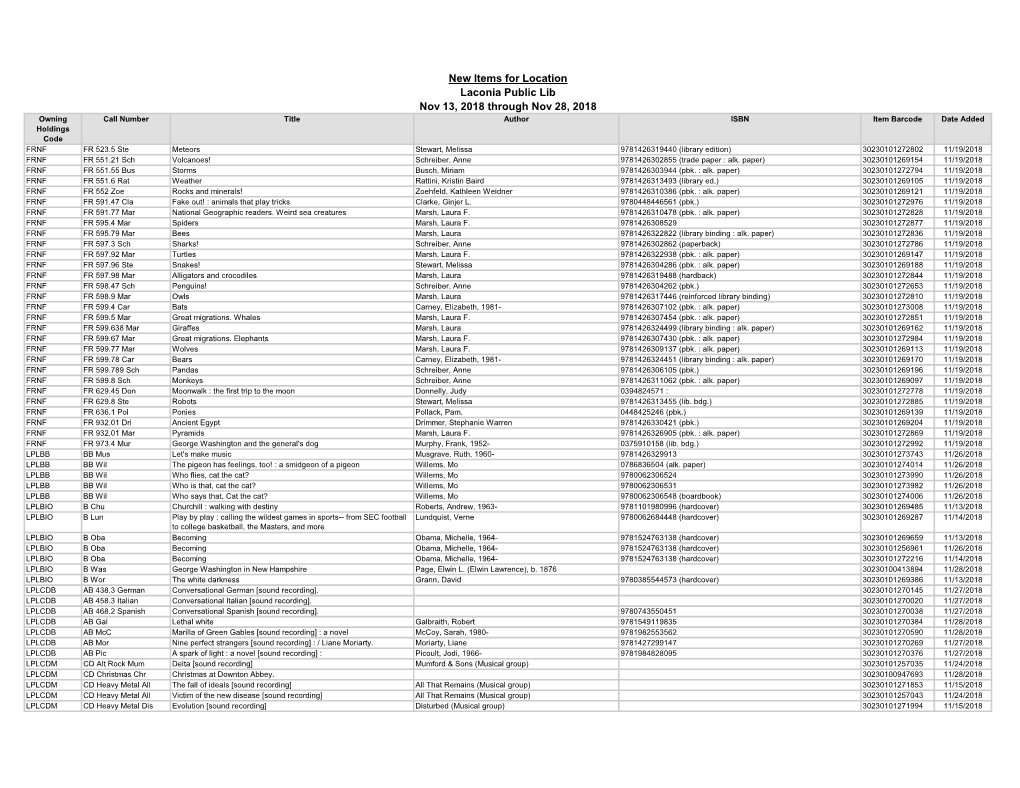 New Items for Location Laconia Public Lib Nov 13, 2018 Through Nov 28