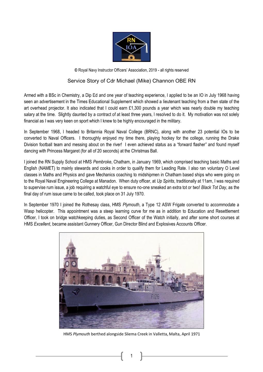 Service Story of Cdr Michael (Mike) Channon OBE RN