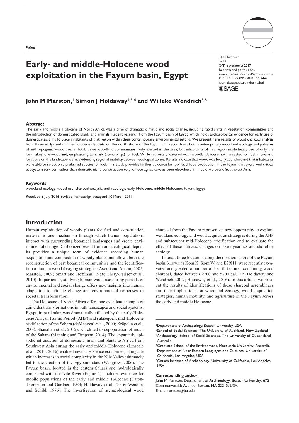 Early- and Middle-Holocene Wood Exploitation in the Fayum Basin, Egypt