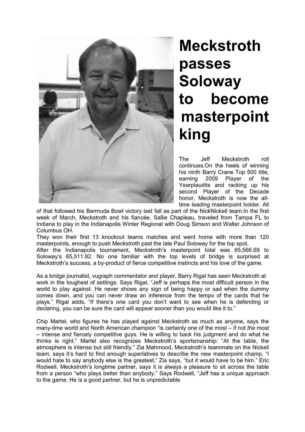 Meckstroth Passes Soloway to Become Masterpoint King