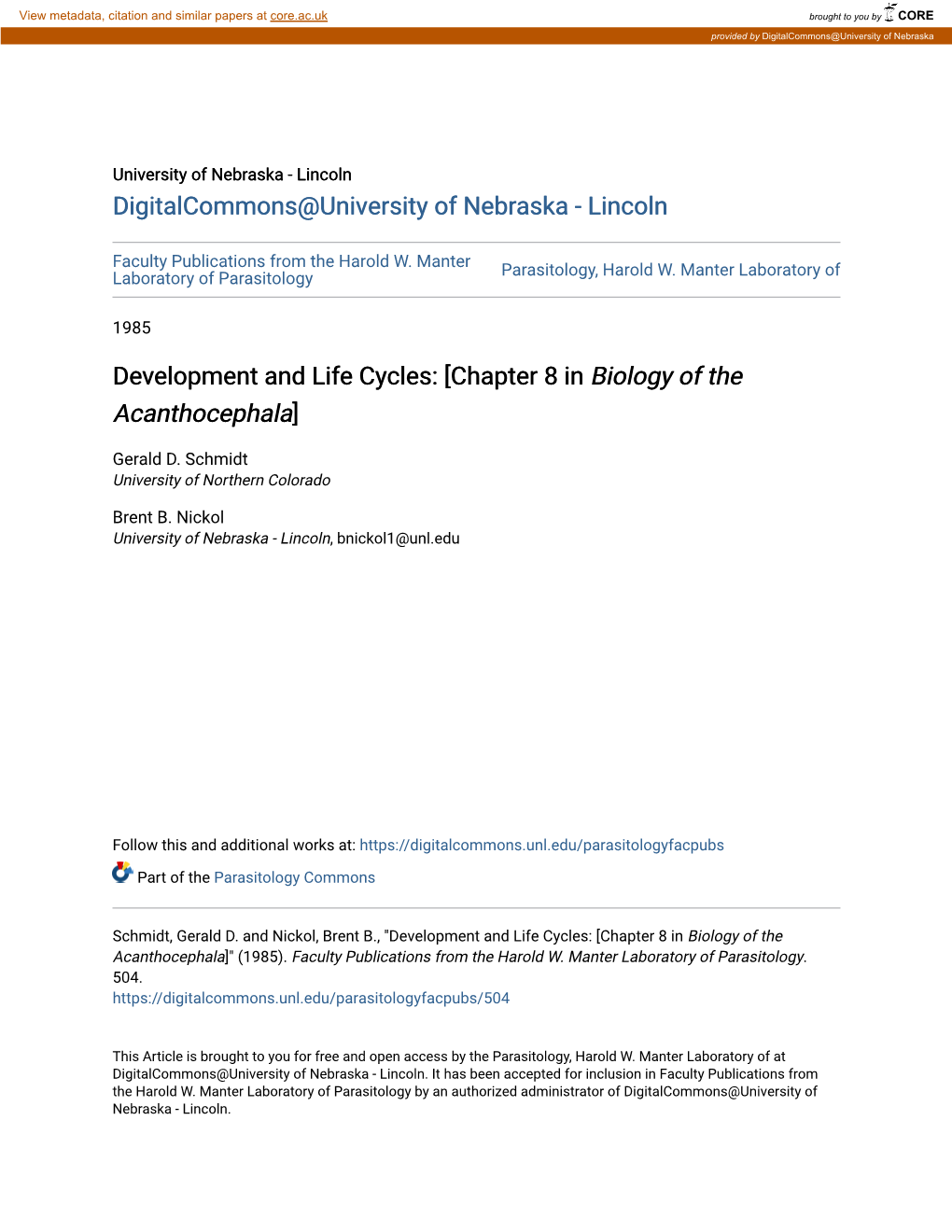 Development and Life Cycles: [Chapter 8 in Biology of the Acanthocephala]