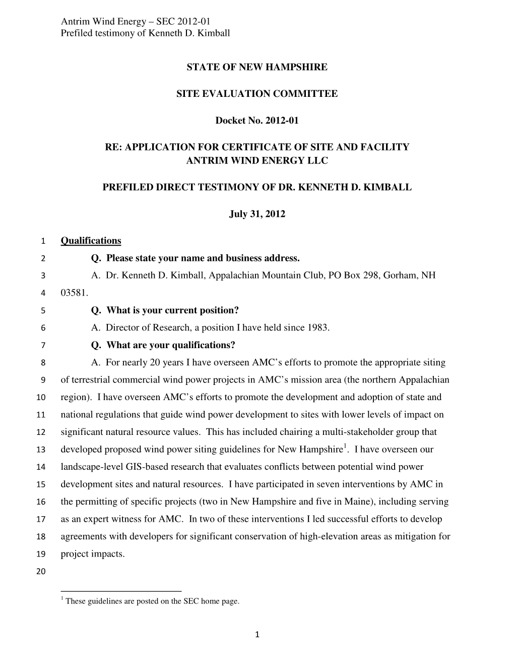 Antrim Wind Energy – SEC 2012-01 Prefiled Testimony of Kenneth D