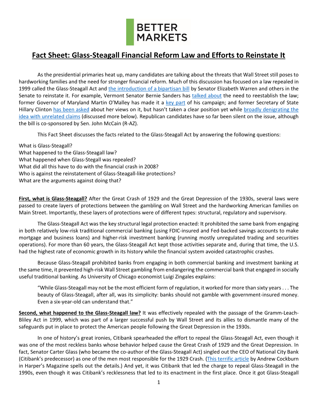 Fact Sheet: Glass-Steagall Financial Reform Law and Efforts to Reinstate It