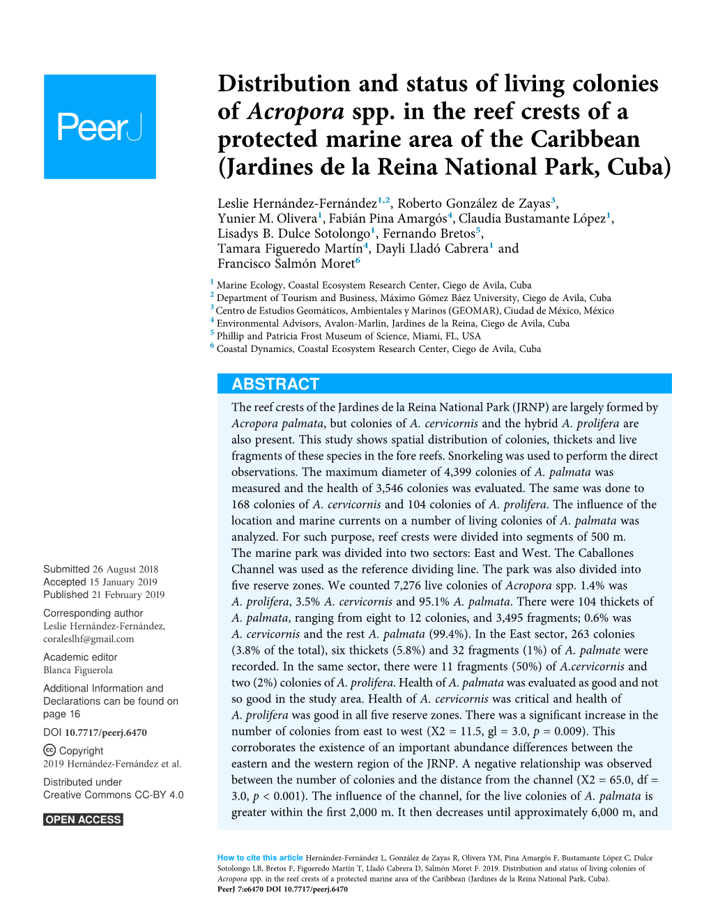 Distribution and Status of Living Colonies of Acropora Spp. in the Reef Crests of a Protected Marine Area of the Caribbean (Jardines De La Reina National Park, Cuba)