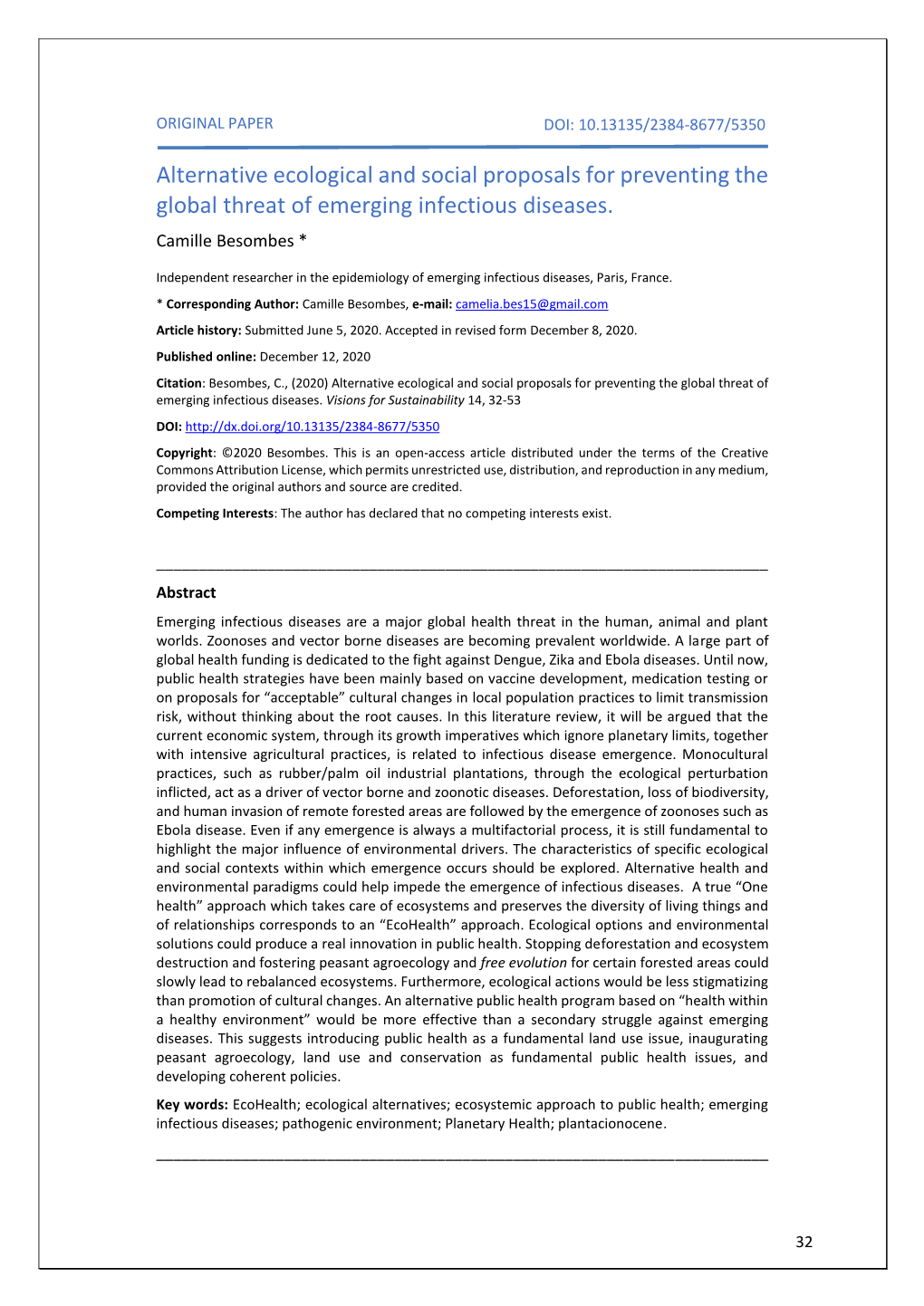 Alternative Ecological and Social Proposals for Preventing the Global Threat of Emerging Infectious Diseases