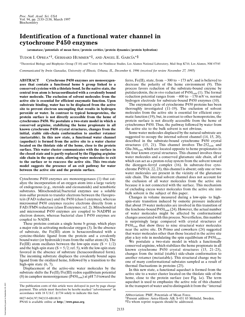 Identification of a Functional Water Channel in Cytochrome P450 Enzymes (Aromatase͞potentials of Mean Force͞protein Cavities͞protein Dynamics͞protein Hydration)