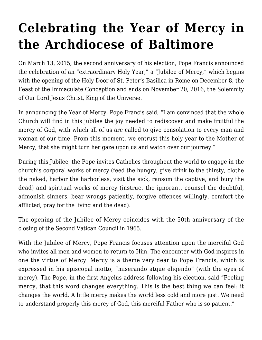 Celebrating the Year of Mercy in the Archdiocese of Baltimore