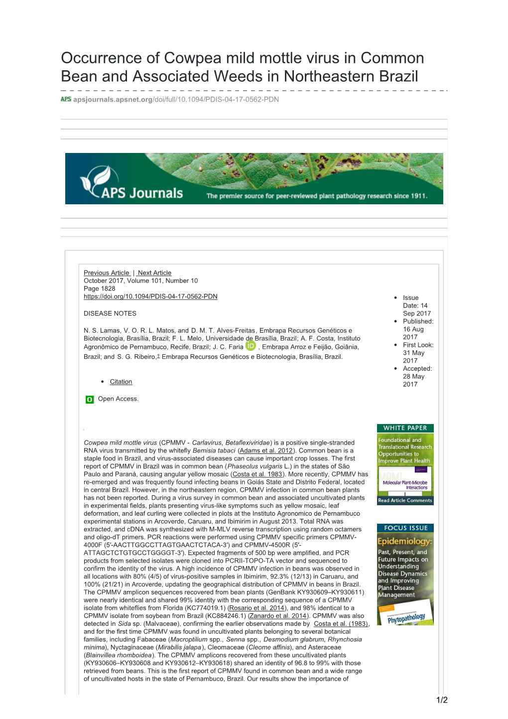 Occurrence of Cowpea Mild Mottle Virus in Common Bean and Associated Weeds in Northeastern Brazil