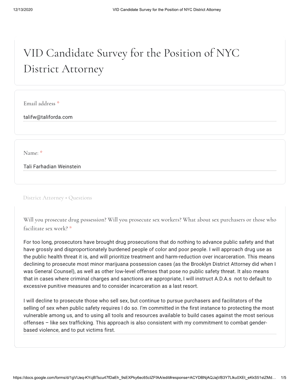 VID Candidate Survey for the Position of NYC District Attorney