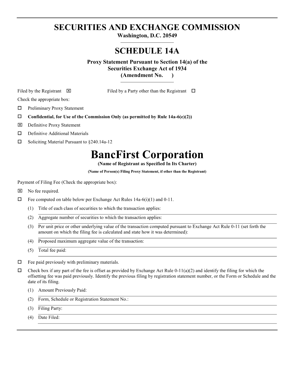 Bancfirst Corporation (Name of Registrant As Specified in Its Charter) (Name of Person(S) Filing Proxy Statement, If Other Than the Registrant)