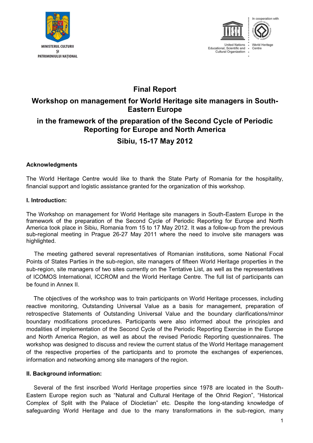 Final Report Workshop on Management for World Heritage