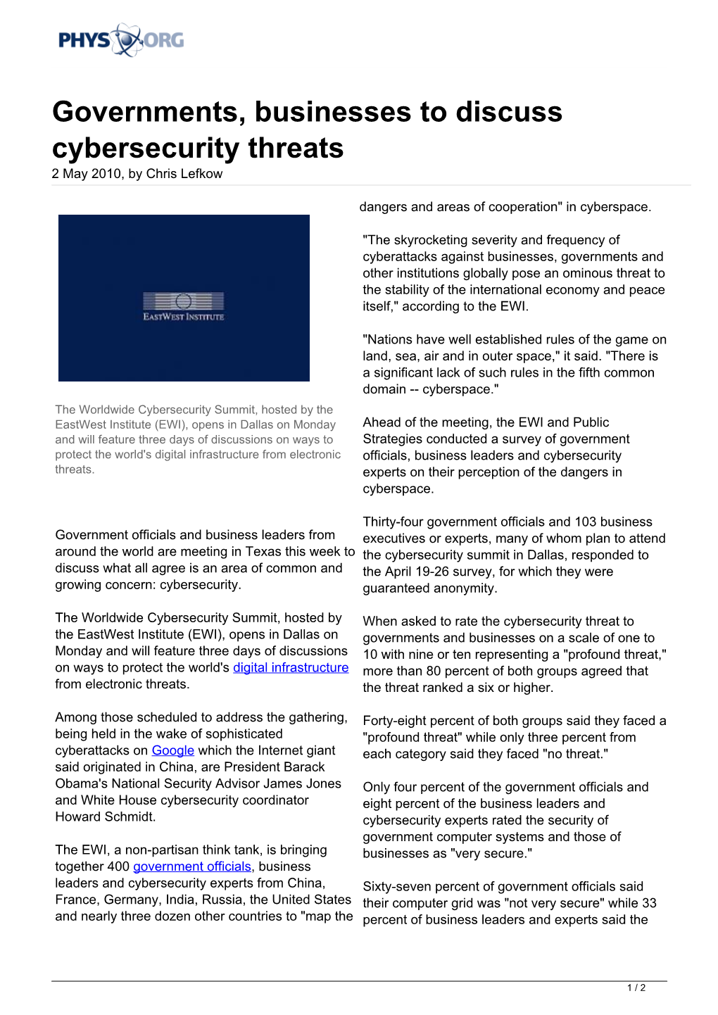 Governments, Businesses to Discuss Cybersecurity Threats 2 May 2010, by Chris Lefkow