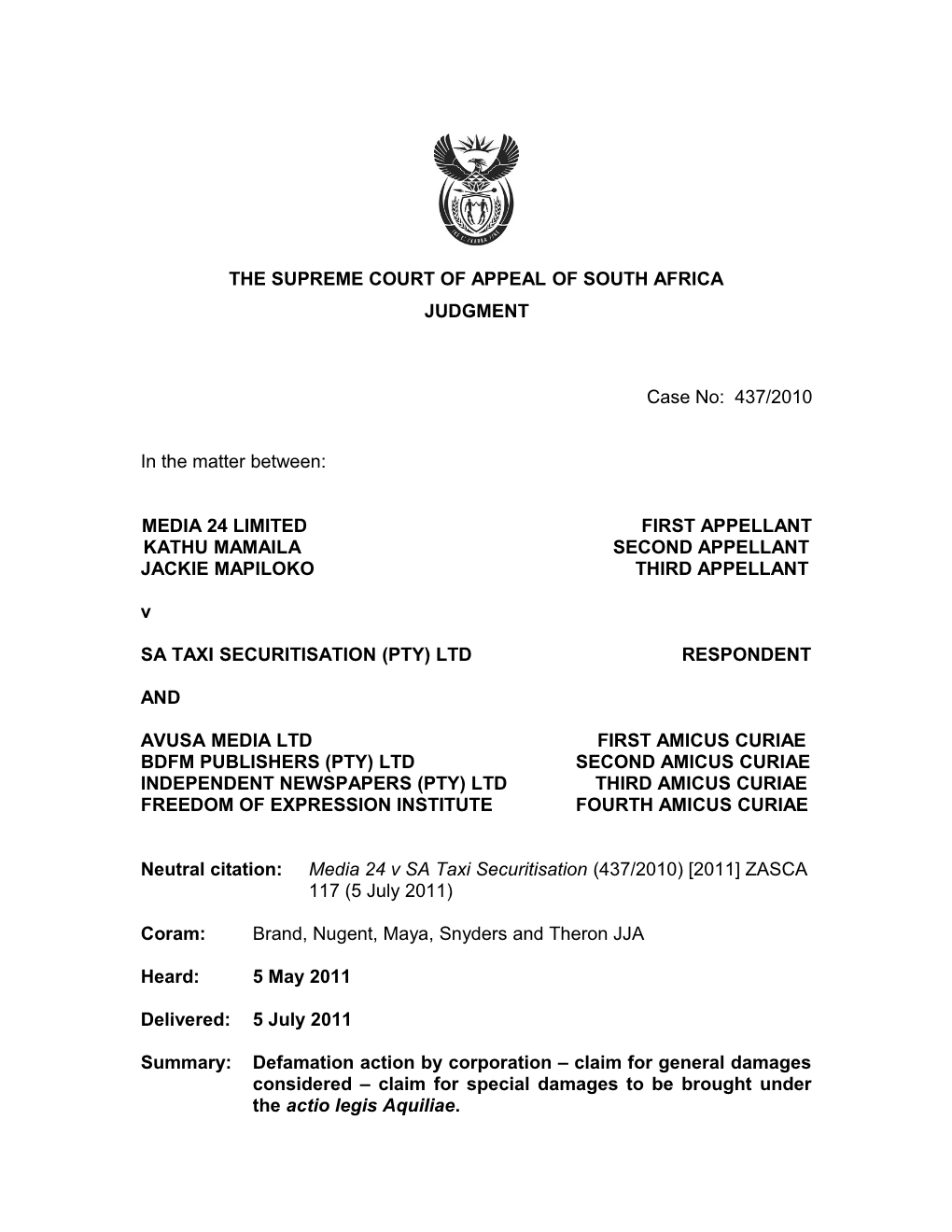 The Supreme Court of Appeal of South Africa Judgment