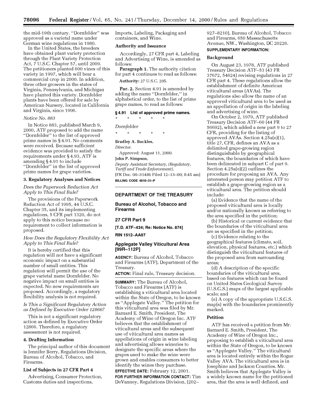 78096 Federal Register/Vol. 65, No. 241/Thursday, December 14, 2000/Rules and Regulations the Mid-Loth Century