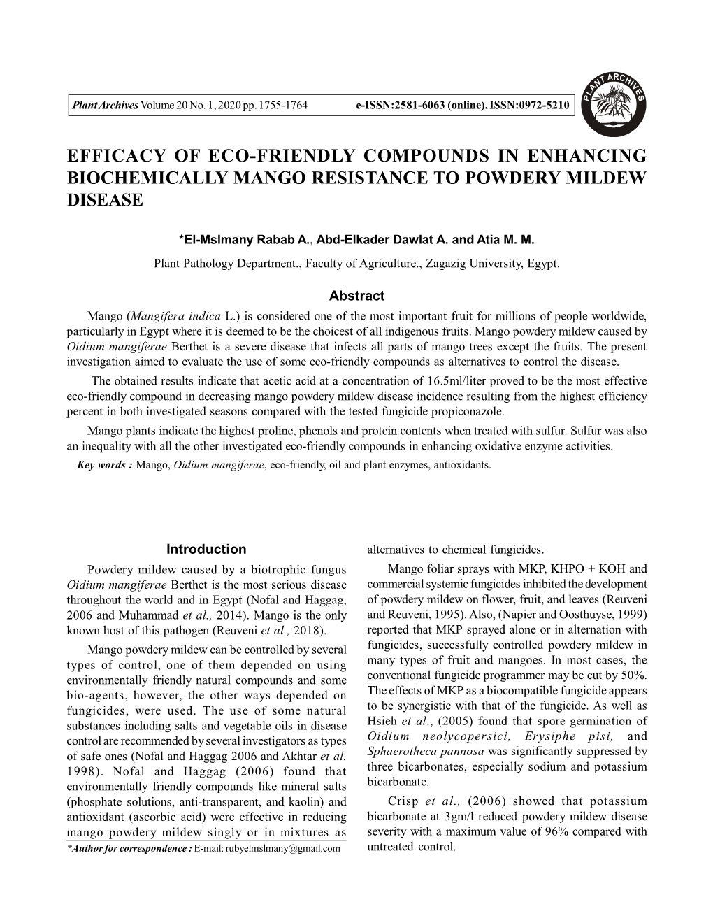 Efficacy of Eco-Friendly Compounds in Enhancing Biochemically Mango Resistance to Powdery Mildew Disease